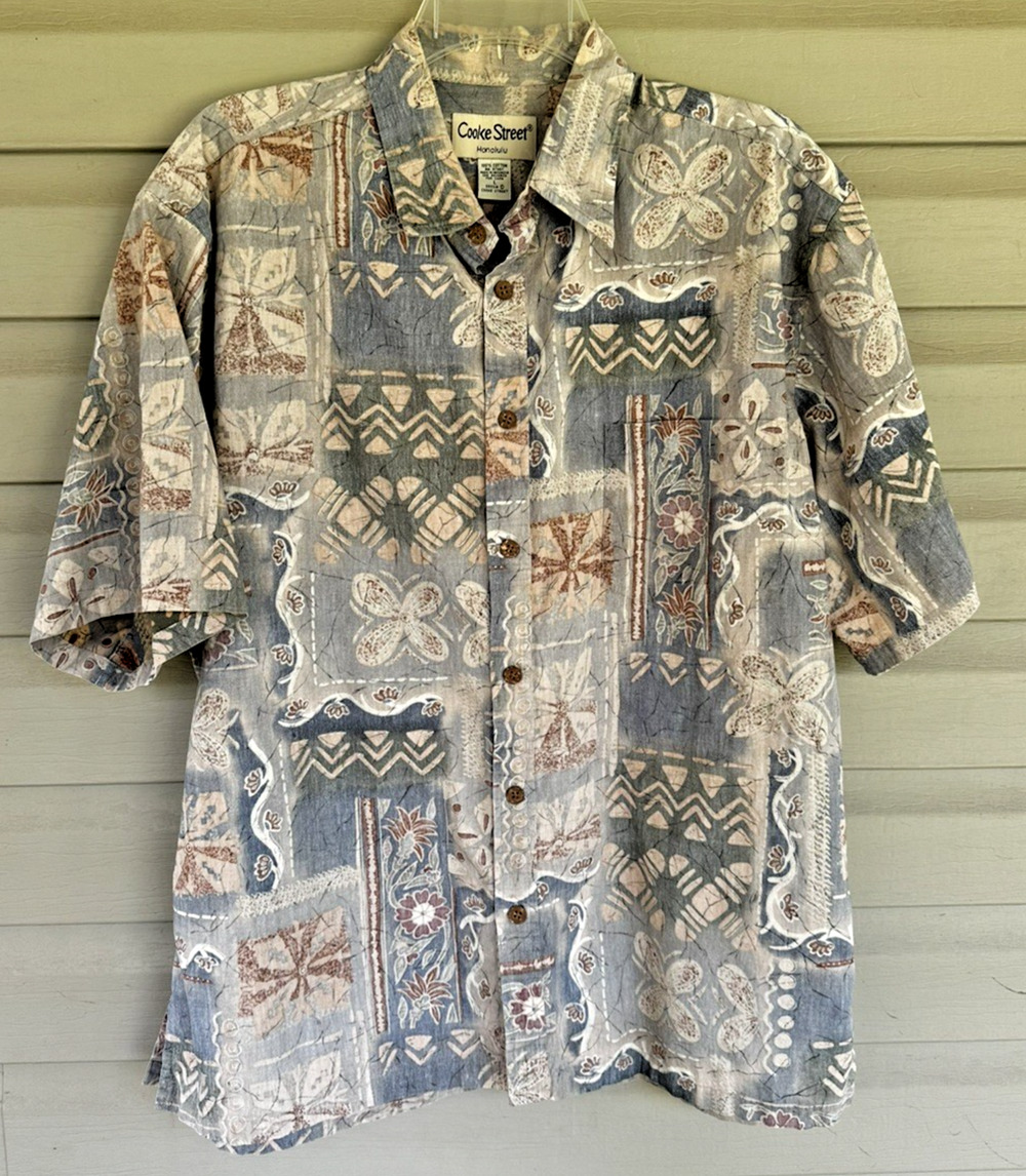 Large Cooke Street Hawaiian Aloha Shirt Reverse Tribal Light Tan & Blue Cotton